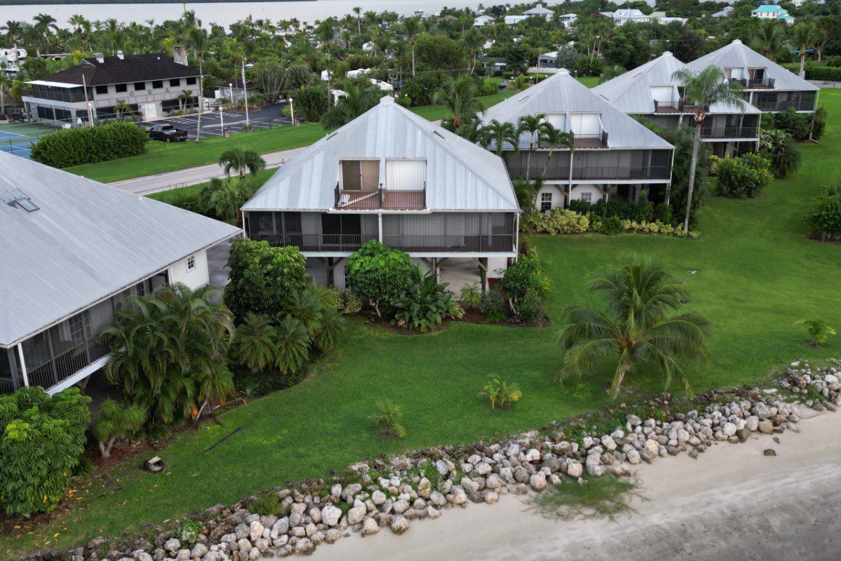 Beachfront houses with green lawns and trees.