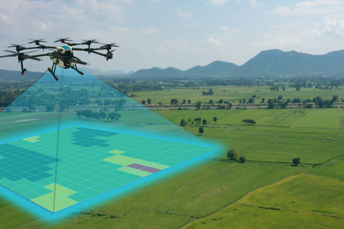 Drone mapping agricultural fields with technology.